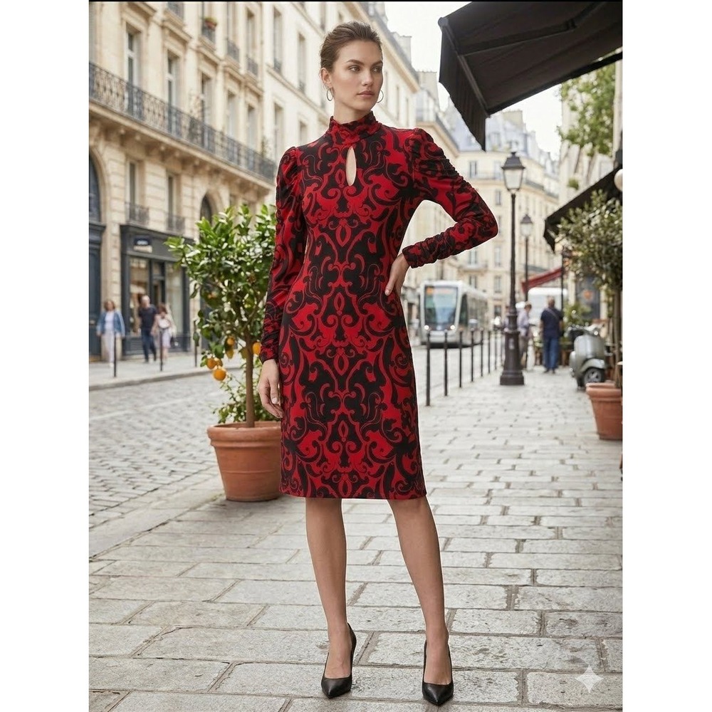 INC International Concepts Red Black Damask Keyhole Puff Sleeve Sheath Dress L
